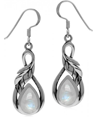 Genuine or Created Cabochon Stones Inlay 925 Sterling Silver Leaf Drop Dangle Hook Earrings Jewelry for Women Moonstone $16.2...