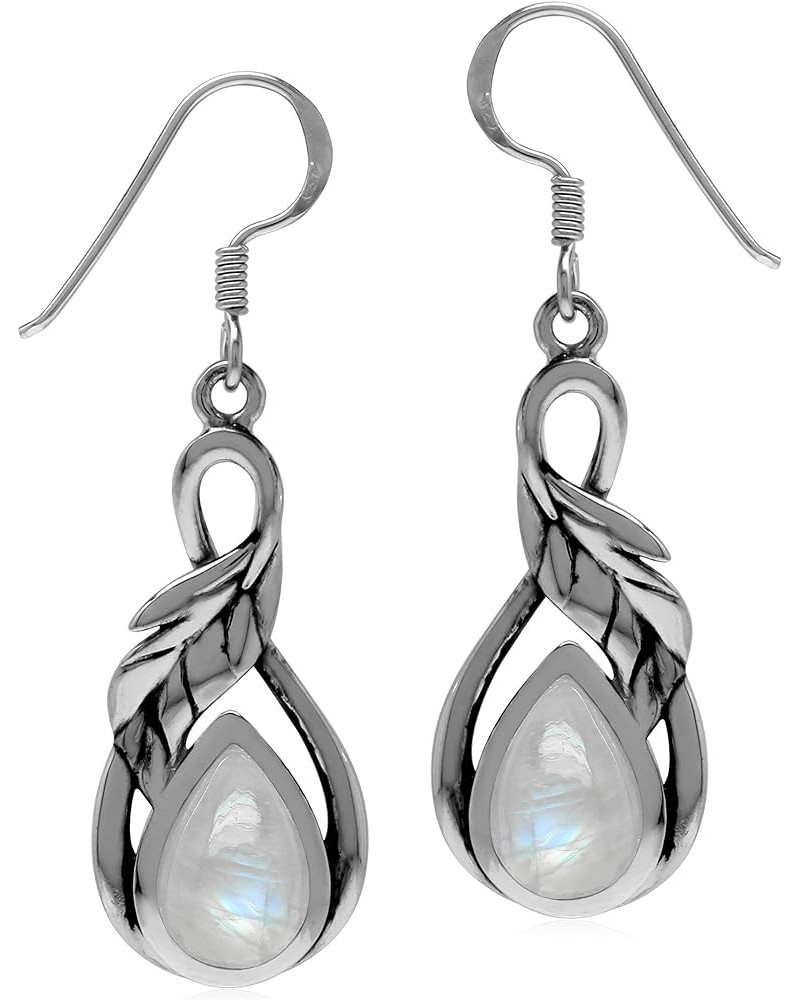 Genuine or Created Cabochon Stones Inlay 925 Sterling Silver Leaf Drop Dangle Hook Earrings Jewelry for Women Moonstone $16.2...