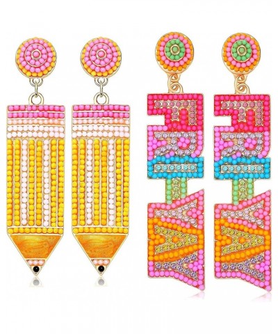 2/3 Pairs Pencil Earrings Teacher Earrings for Women Rhinestone Beaded Dangle Drop Earrings Colorful Teacher Appreciation Gif...