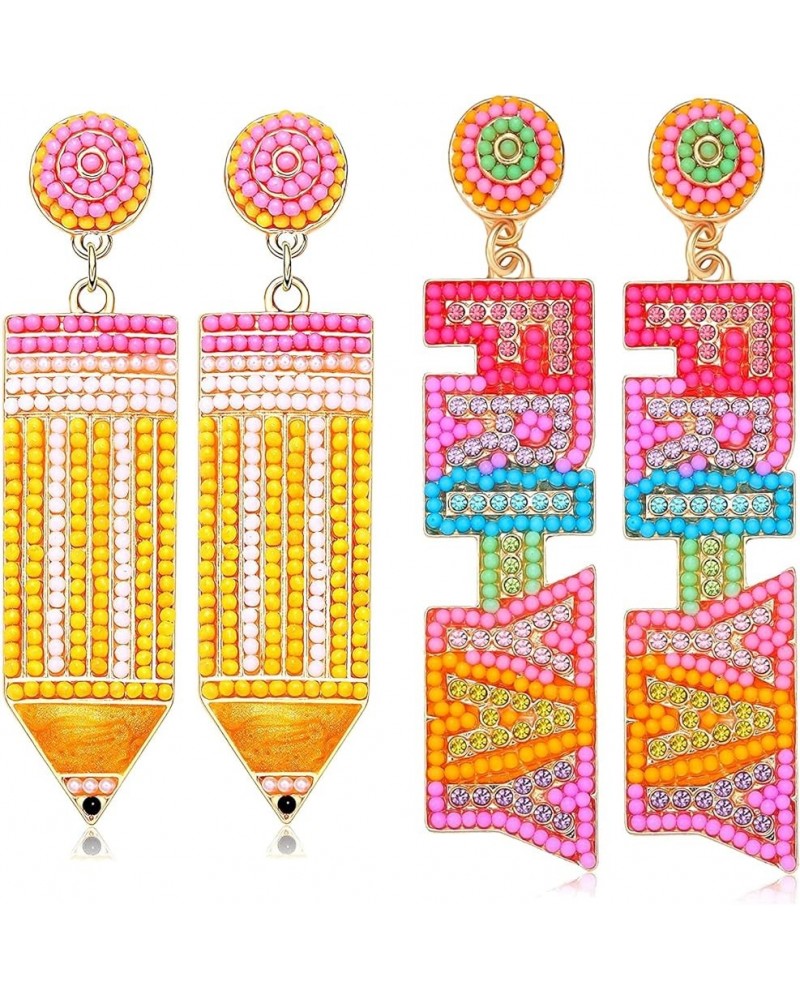 2/3 Pairs Pencil Earrings Teacher Earrings for Women Rhinestone Beaded Dangle Drop Earrings Colorful Teacher Appreciation Gif...