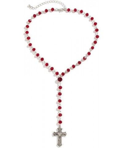 Gothic Cross Pendant Y-Shaped Necklace Blood Red/Black Crystal Rosary Beads Silver Cross Chain Choker Necklace Y2k Grunge Nec...