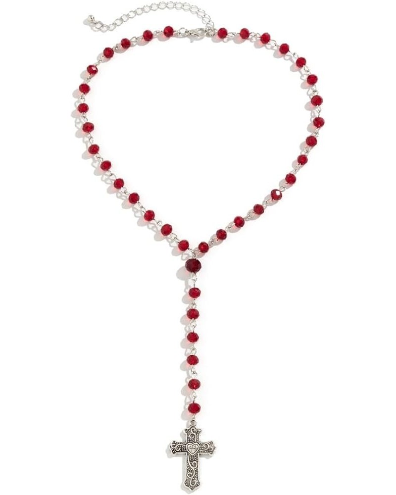 Gothic Cross Pendant Y-Shaped Necklace Blood Red/Black Crystal Rosary Beads Silver Cross Chain Choker Necklace Y2k Grunge Nec...