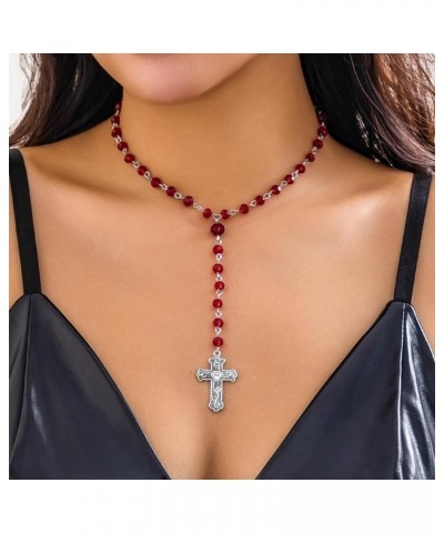 Gothic Cross Pendant Y-Shaped Necklace Blood Red/Black Crystal Rosary Beads Silver Cross Chain Choker Necklace Y2k Grunge Nec...