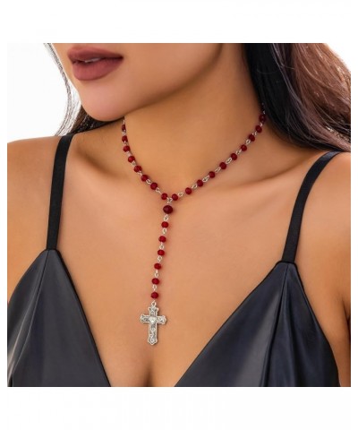 Gothic Cross Pendant Y-Shaped Necklace Blood Red/Black Crystal Rosary Beads Silver Cross Chain Choker Necklace Y2k Grunge Nec...