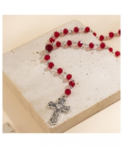 Gothic Cross Pendant Y-Shaped Necklace Blood Red/Black Crystal Rosary Beads Silver Cross Chain Choker Necklace Y2k Grunge Nec...