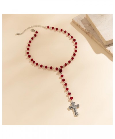 Gothic Cross Pendant Y-Shaped Necklace Blood Red/Black Crystal Rosary Beads Silver Cross Chain Choker Necklace Y2k Grunge Nec...