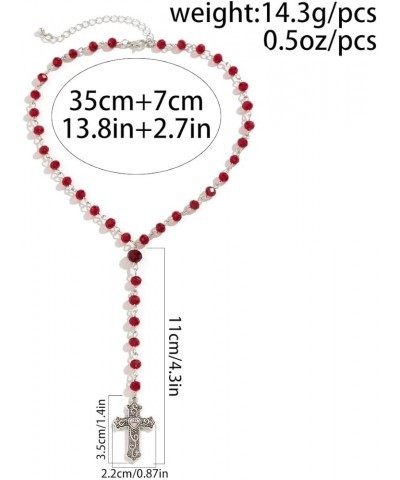 Gothic Cross Pendant Y-Shaped Necklace Blood Red/Black Crystal Rosary Beads Silver Cross Chain Choker Necklace Y2k Grunge Nec...