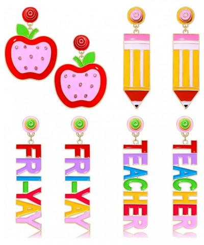 4 Pairs Teacher Earrings for Women Enamel Rainbow Pencil Dangle Earrings Statement Apple Math Drop Earrings Fun Back To Schoo...