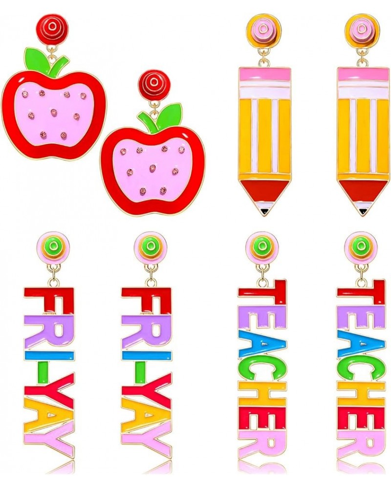 4 Pairs Teacher Earrings for Women Enamel Rainbow Pencil Dangle Earrings Statement Apple Math Drop Earrings Fun Back To Schoo...