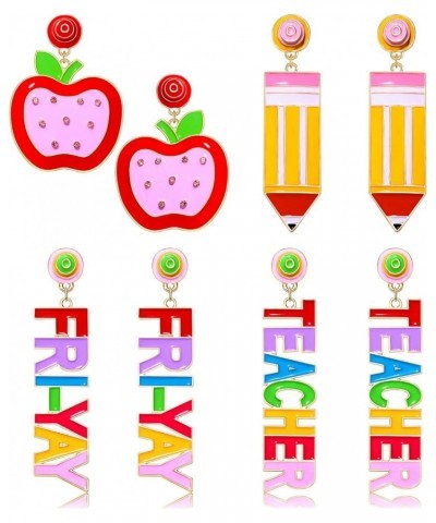 4 Pairs Teacher Earrings for Women Enamel Rainbow Pencil Dangle Earrings Statement Apple Math Drop Earrings Fun Back To Schoo...