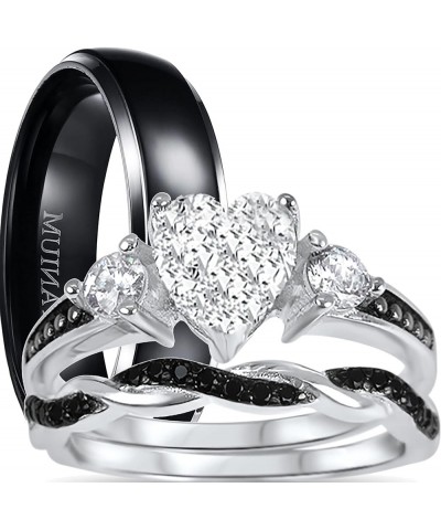 His and Hers 3 Piece Trio Sterling Silver Black Wedding Band Engagement Ring Set Her 5 - His 9 $38.95 Sets