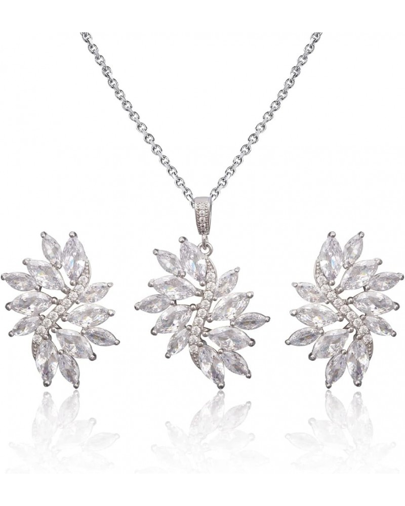 Bridal Jewelry Set for Wedding - Women's 14k Plated Sterling Silver Marquise Cubic Zirconia CZ Crystal Big Leaf Flower Floral...