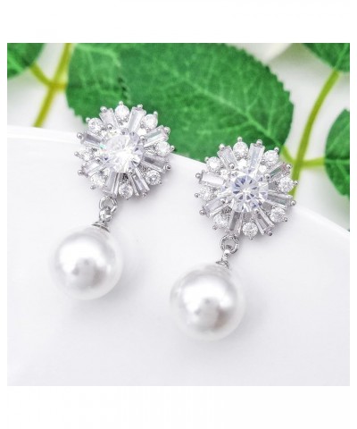 925 Sterling Silver Post Snowflake Zirconia Pearl Dangle Drop Earrings Ear Stud White Gold Plated Fashion Women Jewelry Gift,...