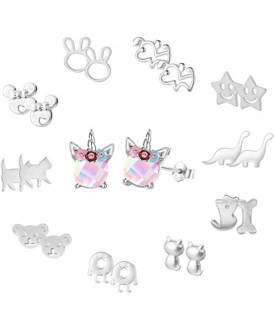 11 Pairs 925 Sterling Silver Stud Earrings for Girls Hypoallergenic Earrings Unicorn Earrings Animals Earrings Cute Small Stu...