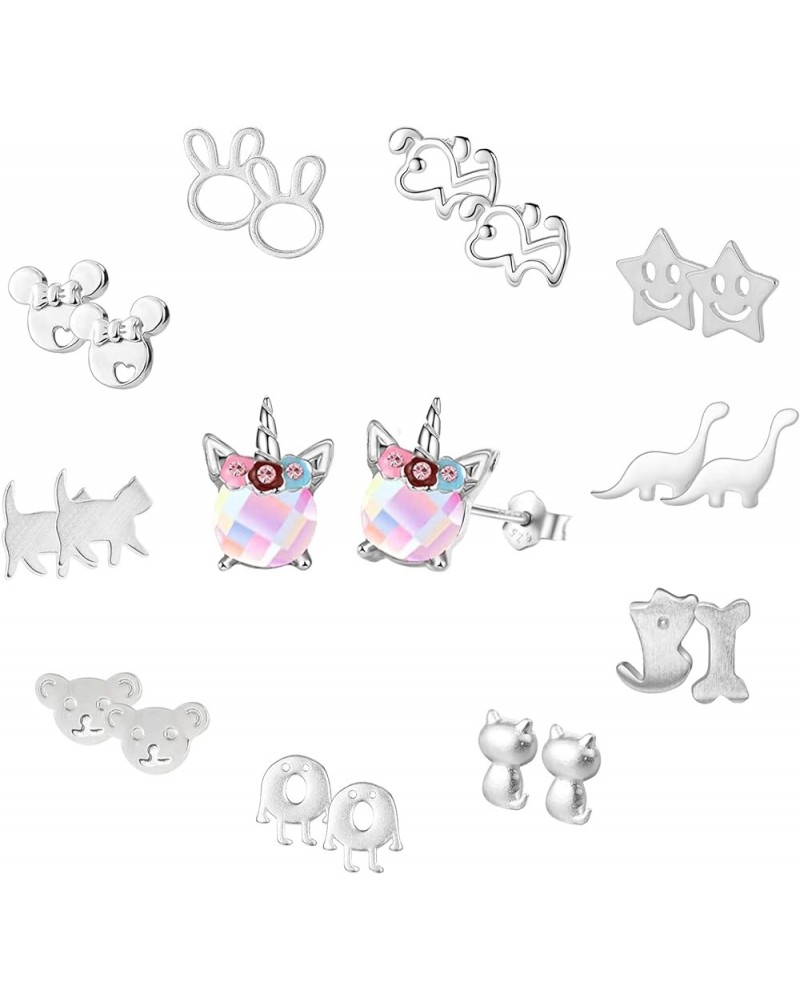 11 Pairs 925 Sterling Silver Stud Earrings for Girls Hypoallergenic Earrings Unicorn Earrings Animals Earrings Cute Small Stu...