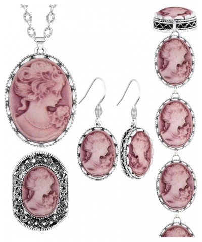 Lady Queen Cameo Jewelry Sets Vintage Look Cameo Necklace Earrings Ring Bracelet Fashion Jewelry Pink $12.25 Jewelry Sets