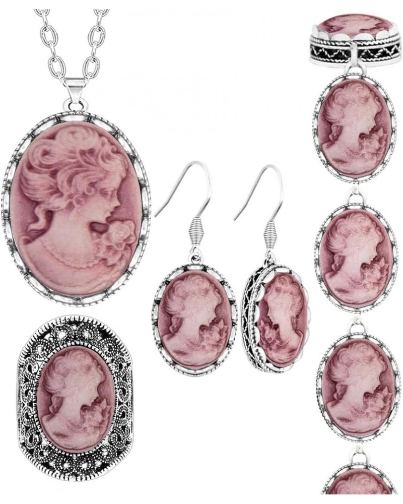 Lady Queen Cameo Jewelry Sets Vintage Look Cameo Necklace Earrings Ring Bracelet Fashion Jewelry Pink $12.25 Jewelry Sets