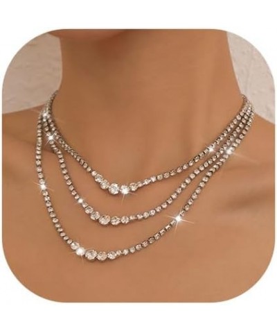 Layered Rhinestone Necklaces Silver Crystal Necklace Chains Sparkly Party Necklace Jewelry for Women and Girls 3-layer $7.62 ...