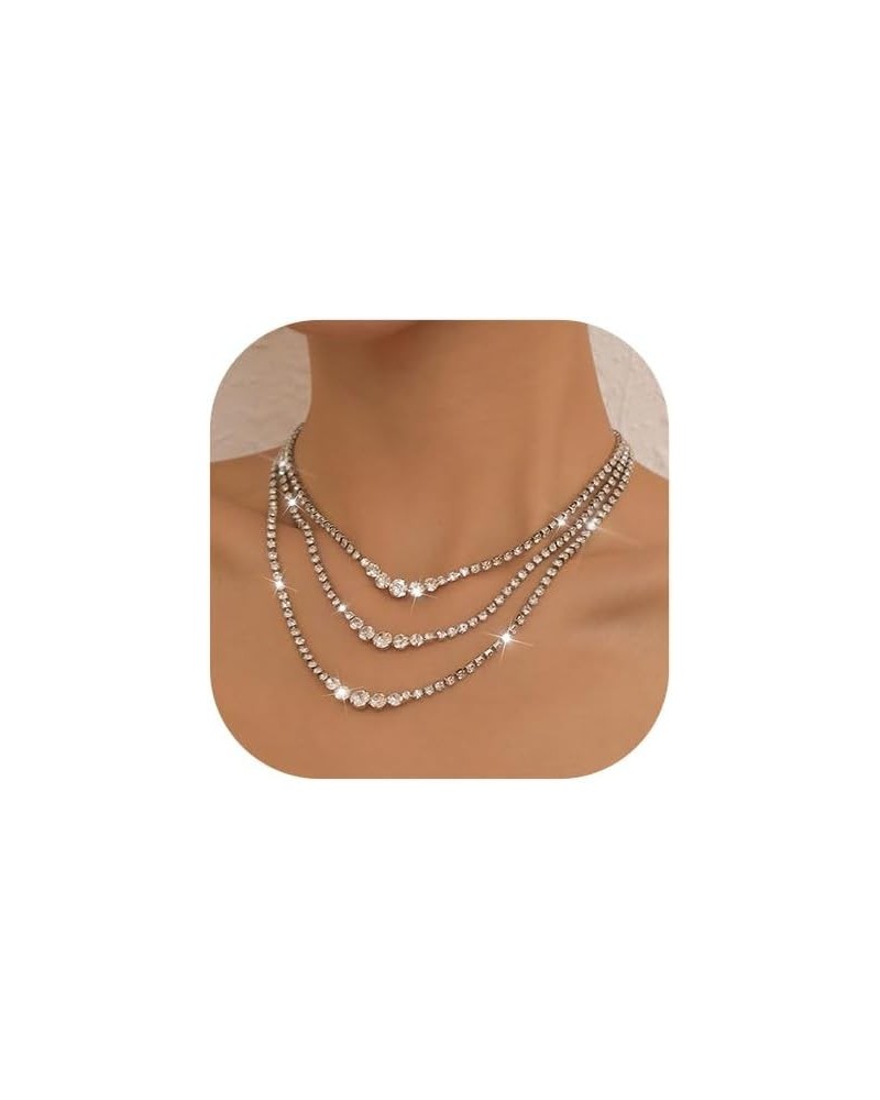 Layered Rhinestone Necklaces Silver Crystal Necklace Chains Sparkly Party Necklace Jewelry for Women and Girls 3-layer $7.62 ...