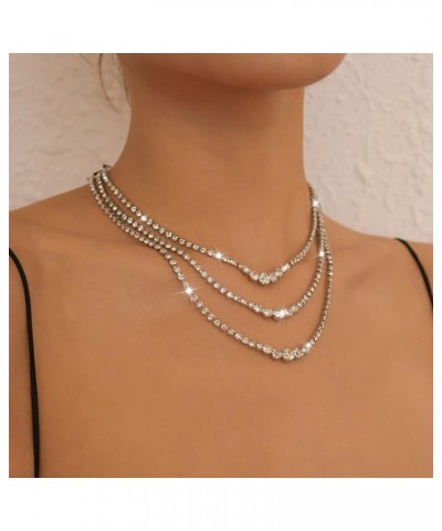 Layered Rhinestone Necklaces Silver Crystal Necklace Chains Sparkly Party Necklace Jewelry for Women and Girls 3-layer $7.62 ...