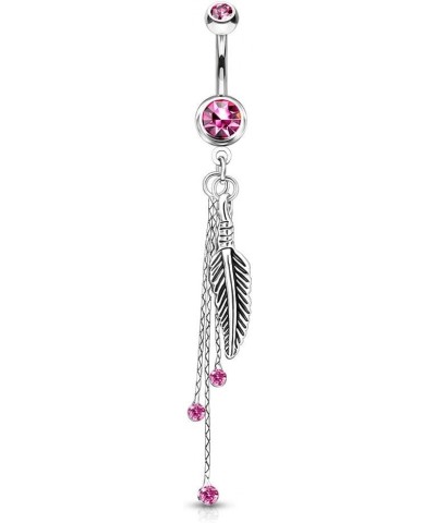 14g Feather and Chains with CZs Dangle Belly Button Ring 316L Surgical Steel (Sold per Piece) Pink $10.39 Body Jewelry