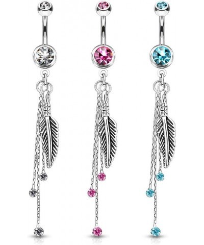 14g Feather and Chains with CZs Dangle Belly Button Ring 316L Surgical Steel (Sold per Piece) Pink $10.39 Body Jewelry