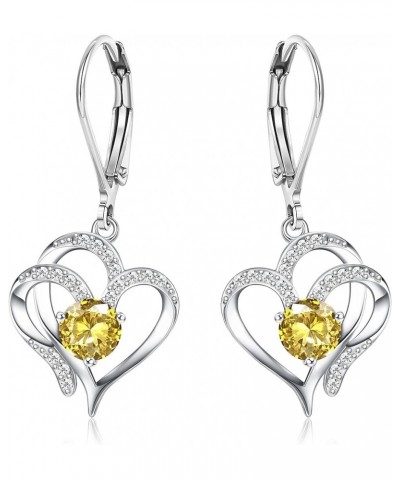 925 Sterling Silver Heart Dangle Earrings 14K White Gold Plated Sparkle Birthstone Earrings Sweet Love Heart Leverback Earrin...