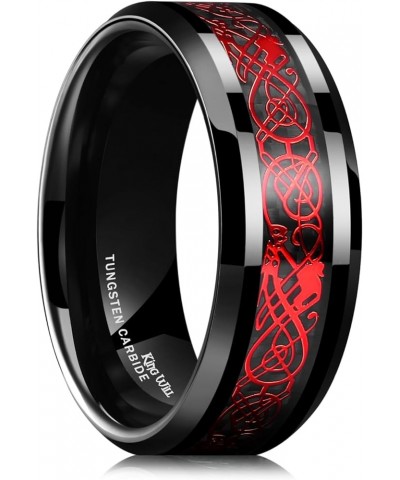 DRAGON Men's 8mm/6mm/5mm Red/Green Carbon Fiber Black Celtic Dragon Tungsten Carbide Ring Comfort Fit Wedding Band Black & Re...