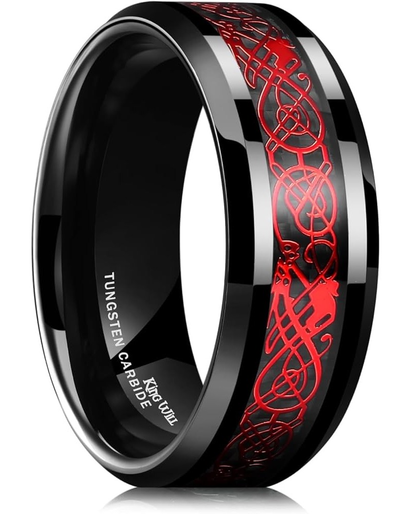 DRAGON Men's 8mm/6mm/5mm Red/Green Carbon Fiber Black Celtic Dragon Tungsten Carbide Ring Comfort Fit Wedding Band Black & Re...