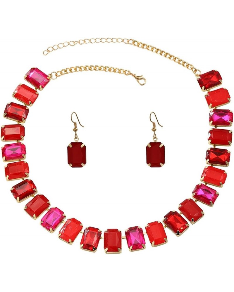 New square glass diamond earring necklace combination set for women's Bohemian style party and banquet accessories red $11.01...