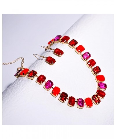 New square glass diamond earring necklace combination set for women's Bohemian style party and banquet accessories red $11.01...