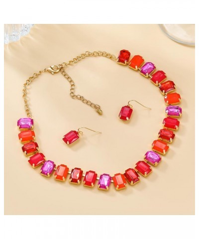 New square glass diamond earring necklace combination set for women's Bohemian style party and banquet accessories red $11.01...