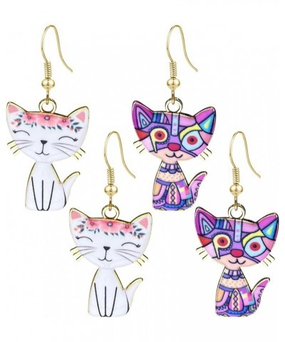 2 Pairs Novelty Drop Anime Cat Dangle Earrings For Women Funny Design Multicolor Dangle Pets Earrings Lovely Gift For Women G...