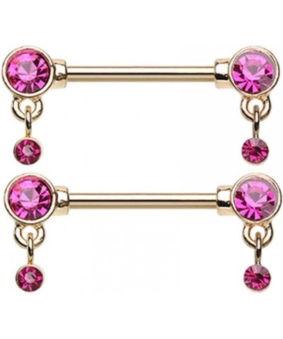 14GA Stainless Steel CZ Crystal Dangle Barbell Nipple Rings, Sold as a Pair Gold Tone/Fuchsia $9.03 Body Jewelry