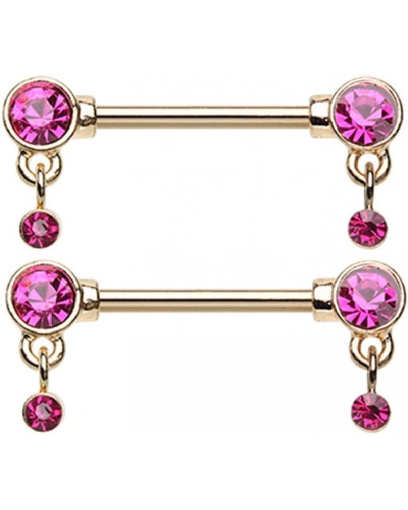 14GA Stainless Steel CZ Crystal Dangle Barbell Nipple Rings, Sold as a Pair Gold Tone/Fuchsia $9.03 Body Jewelry