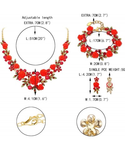 Women's Austrian Crystal Simulated Pearl Rose Flower Leaf Necklace Pierced Earrings Set Necklace+Earring+Bracelet_Red Gold-To...