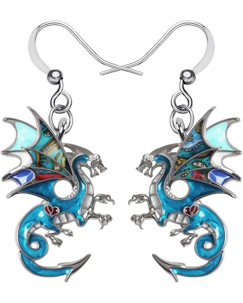 Enamel Alloy Dinosaur Fantasy Dragon Earrings Drop Dangle Unique Animal Jewelry For Women Girls Ocean Blue $7.64 Earrings