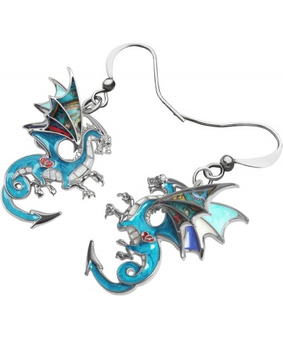 Enamel Alloy Dinosaur Fantasy Dragon Earrings Drop Dangle Unique Animal Jewelry For Women Girls Ocean Blue $7.64 Earrings