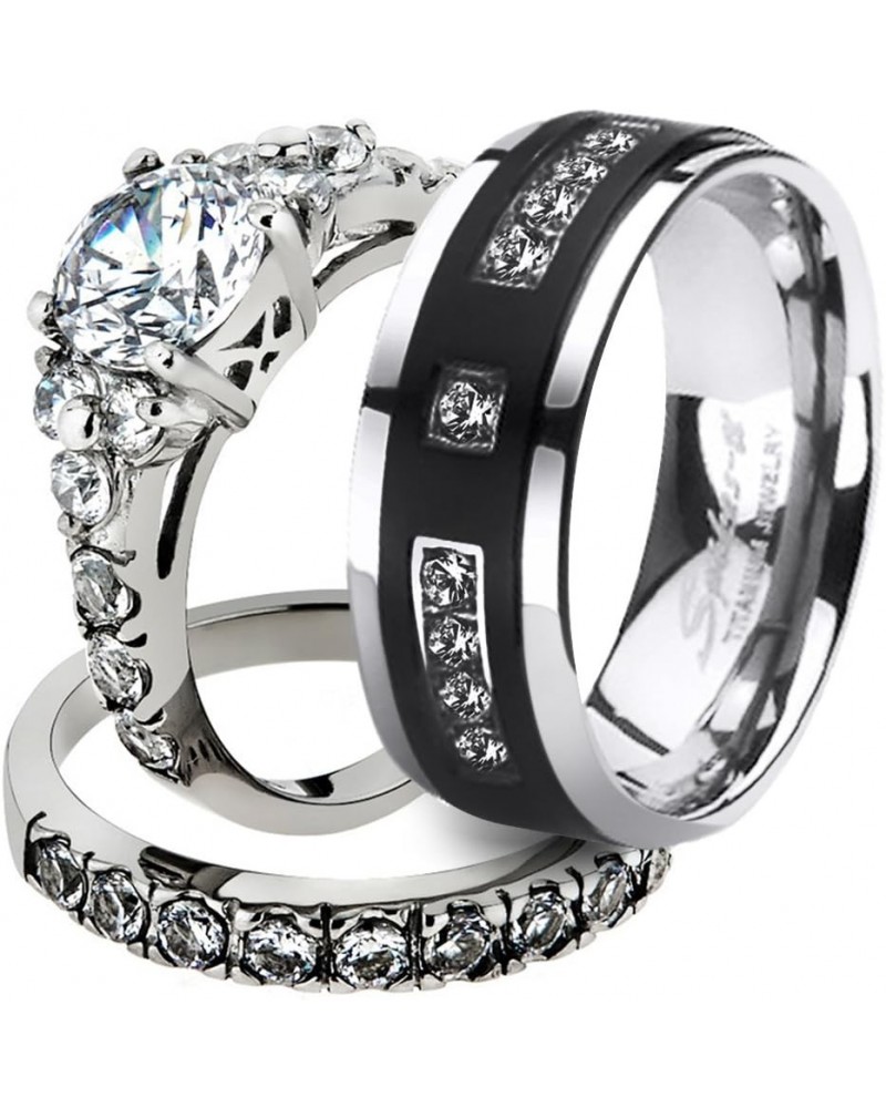 His and Her Stainless Steel 2.50 Carat Cubic Zirconia Bridal Set and Men's Titanium Wedding Band Women's Size 05 Men's Size 1...