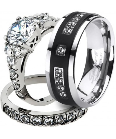 His and Her Stainless Steel 2.50 Carat Cubic Zirconia Bridal Set and Men's Titanium Wedding Band Women's Size 05 Men's Size 1...