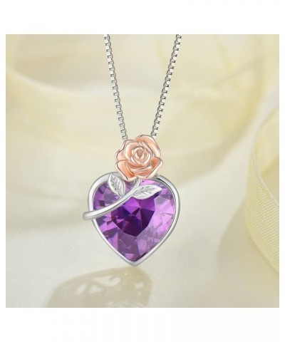 Love Heart Birthstone Necklace for Women 925 Sterling Silver Rose Flower Necklace Dainty Jewelry Gifts for Women Wife Girlfri...