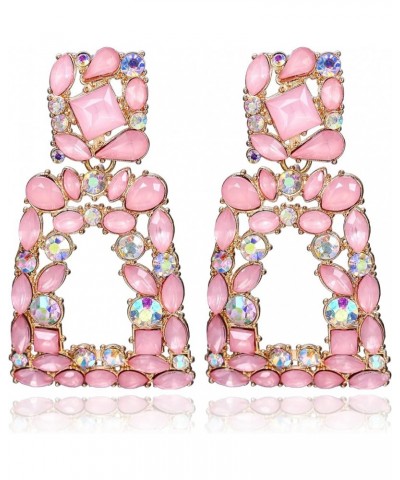 Rectangle Dangle Earrings for Women Girls, Rhinestone Crystal Geometric Statement Earrings Resin Pink $9.35 Earrings