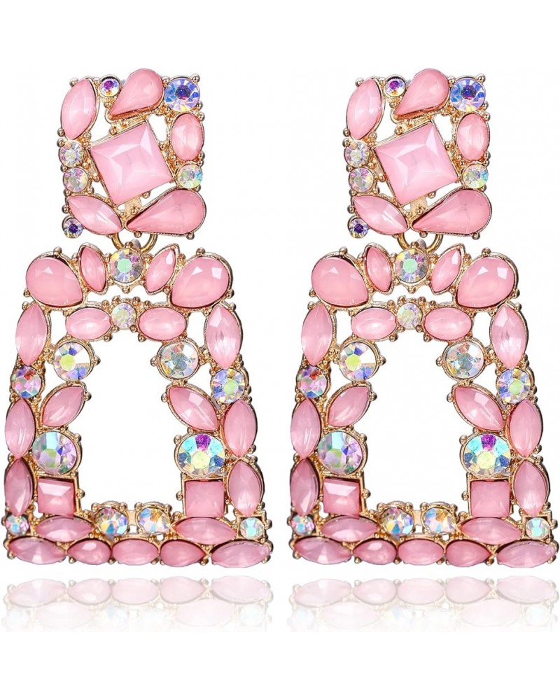 Rectangle Dangle Earrings for Women Girls, Rhinestone Crystal Geometric Statement Earrings Resin Pink $9.35 Earrings