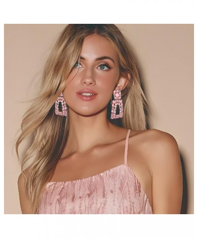 Rectangle Dangle Earrings for Women Girls, Rhinestone Crystal Geometric Statement Earrings Resin Pink $9.35 Earrings