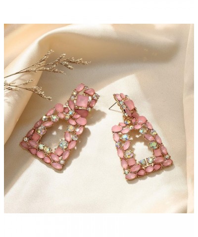 Rectangle Dangle Earrings for Women Girls, Rhinestone Crystal Geometric Statement Earrings Resin Pink $9.35 Earrings