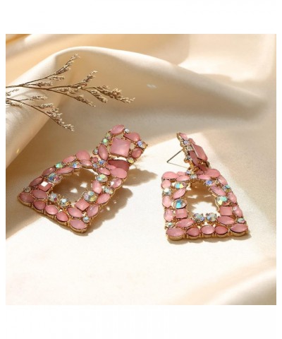 Rectangle Dangle Earrings for Women Girls, Rhinestone Crystal Geometric Statement Earrings Resin Pink $9.35 Earrings