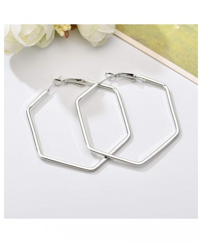 Hexagon Hoop Earrings for Women Simple Geometric Fashion Jewelry Earrings Silver $7.69 Earrings