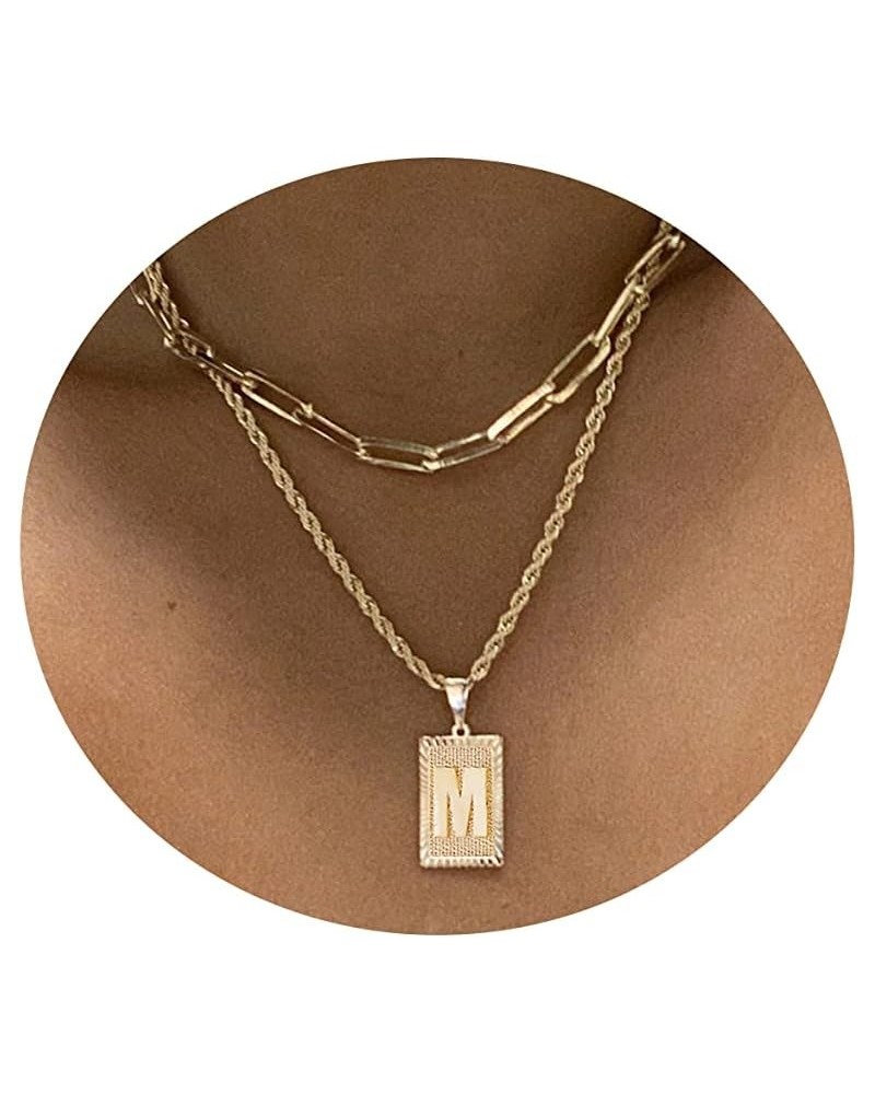 14K Gold Layered Initial Pendant Necklace Dainty Layering Paperclip Link Rope Chain Choker Necklace for Women Personalized Sq...