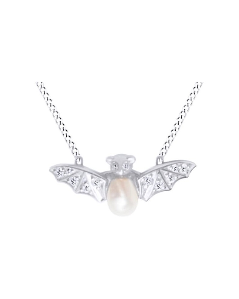 Freshwater Culture Pearl With 0.1 Cttw White Diamond Flying Bat Mammal Pendant Necklace In 10K Solid Gold White-Gold $96.03 N...