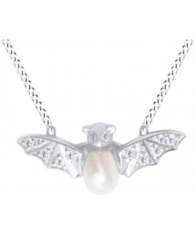 Freshwater Culture Pearl With 0.1 Cttw White Diamond Flying Bat Mammal Pendant Necklace In 10K Solid Gold White-Gold $96.03 N...